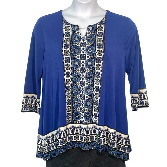 JM Collection Petite Sz XLP Pullover Tunic Top Jersey Knit Split VNeck Blue Boho - Picture 1 of 10